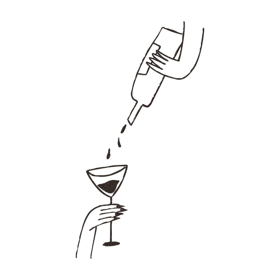 Pouring wine in glass, hand drawn doodle, illustration isolated on white background. Outline sketch style with grunge vintage texture. Concepts of bar, restaurants and cafes. vector
