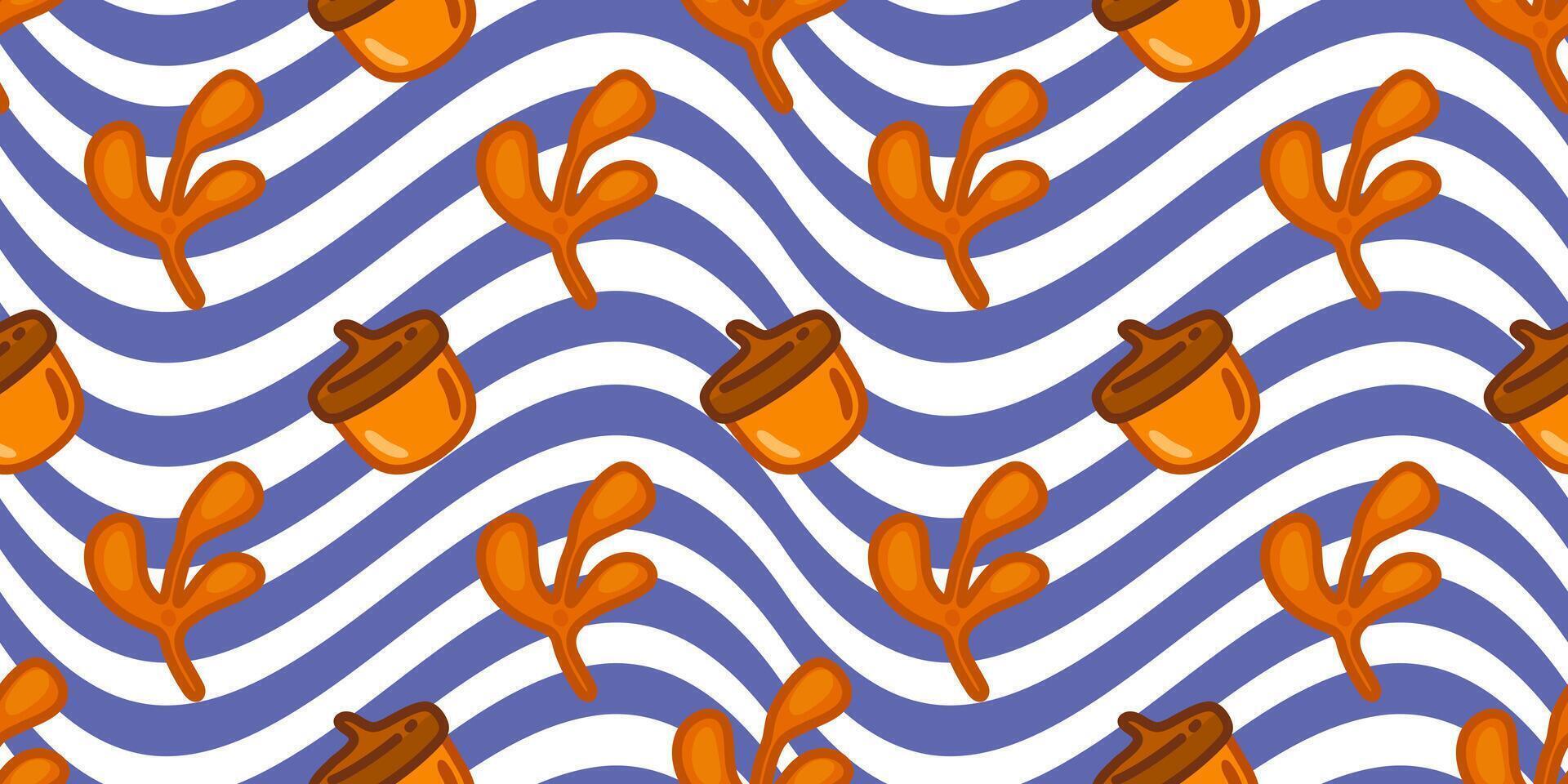 Autumn Acorns Wavy Seamless Pattern vector