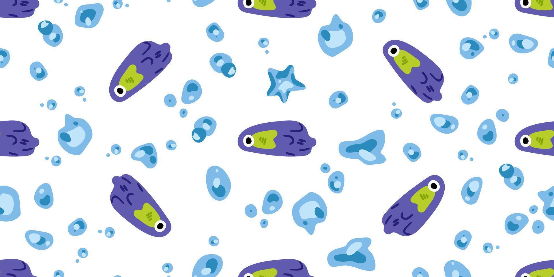 Seamless Cartoon Fish Bubble Pattern. Funny purple fish with bubbles and sea elements in flat playful style on light background. vector