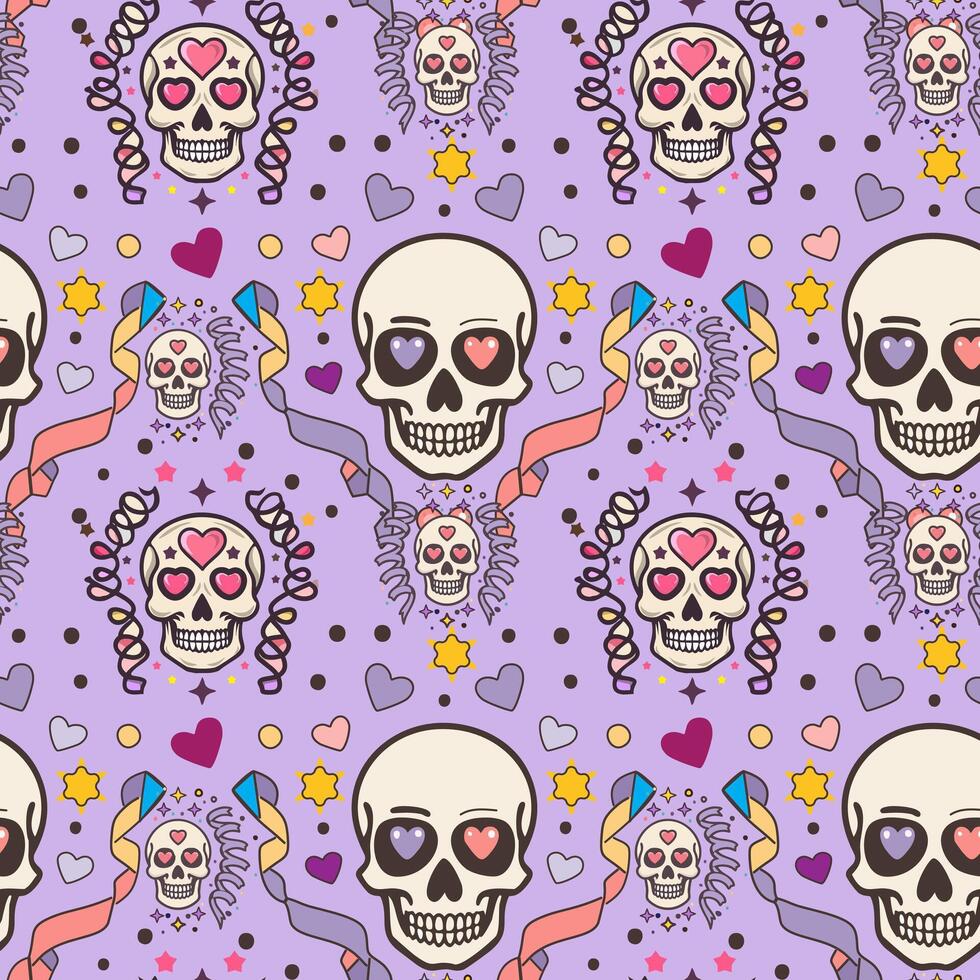 A pattern with skulls and hearts on a purple background vector