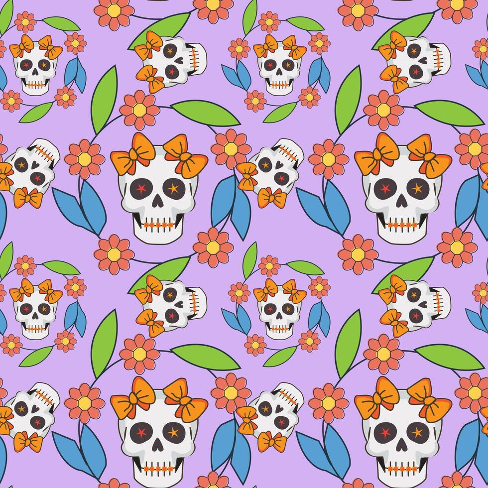 Skulls and Satin Ribbons Seamless Pattern, Dusty Rose Gothic Style vector