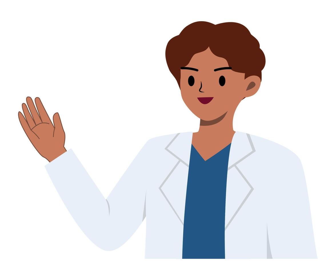 Male doctor cartoon raising his hand for advice or suggest. Medical, recommendation, hospital and health care concept. Character design vector