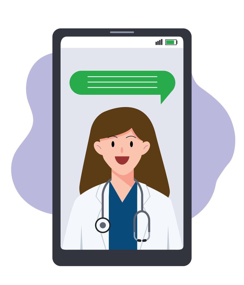 Online female doctor cartoon for consultation application. Telemedecine illustration concept. Advice or follow up service vector
