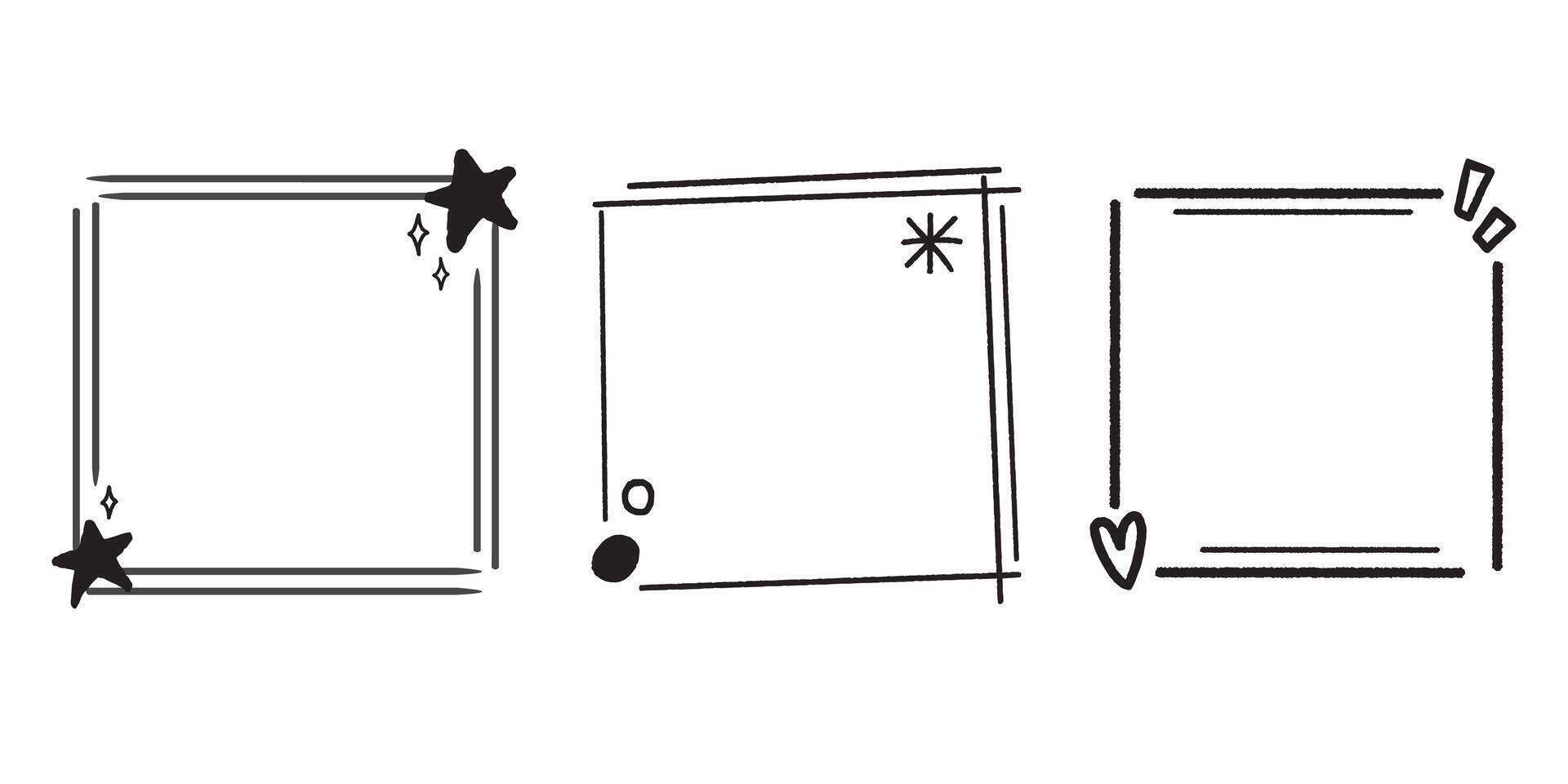 Abstract doodle square frames hand drawn with black line. Element of star, heart and sparkle. Border frame for template, note and memo vector