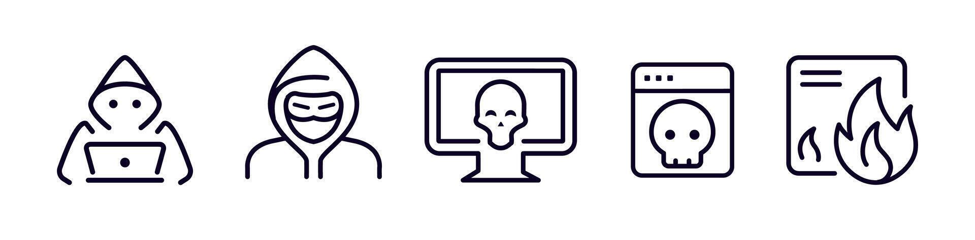 Hacker Malware Icon Set Featuring Cybercrime, Virus Attack, Spyware, Skull Symbol, Data Breach Threats In Line Style For Cyber Security Topics. Illustration vector