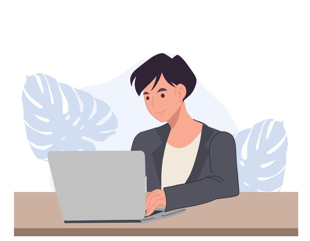 Business man illustration. A man is working with his laptop.flat cartoon illustration vector