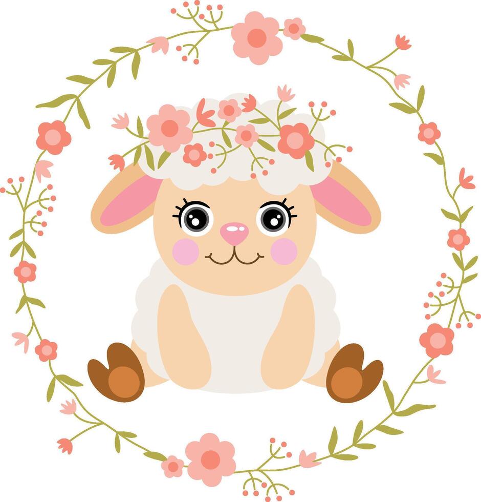 Adorable Baby Lamb with Floral Crown vector