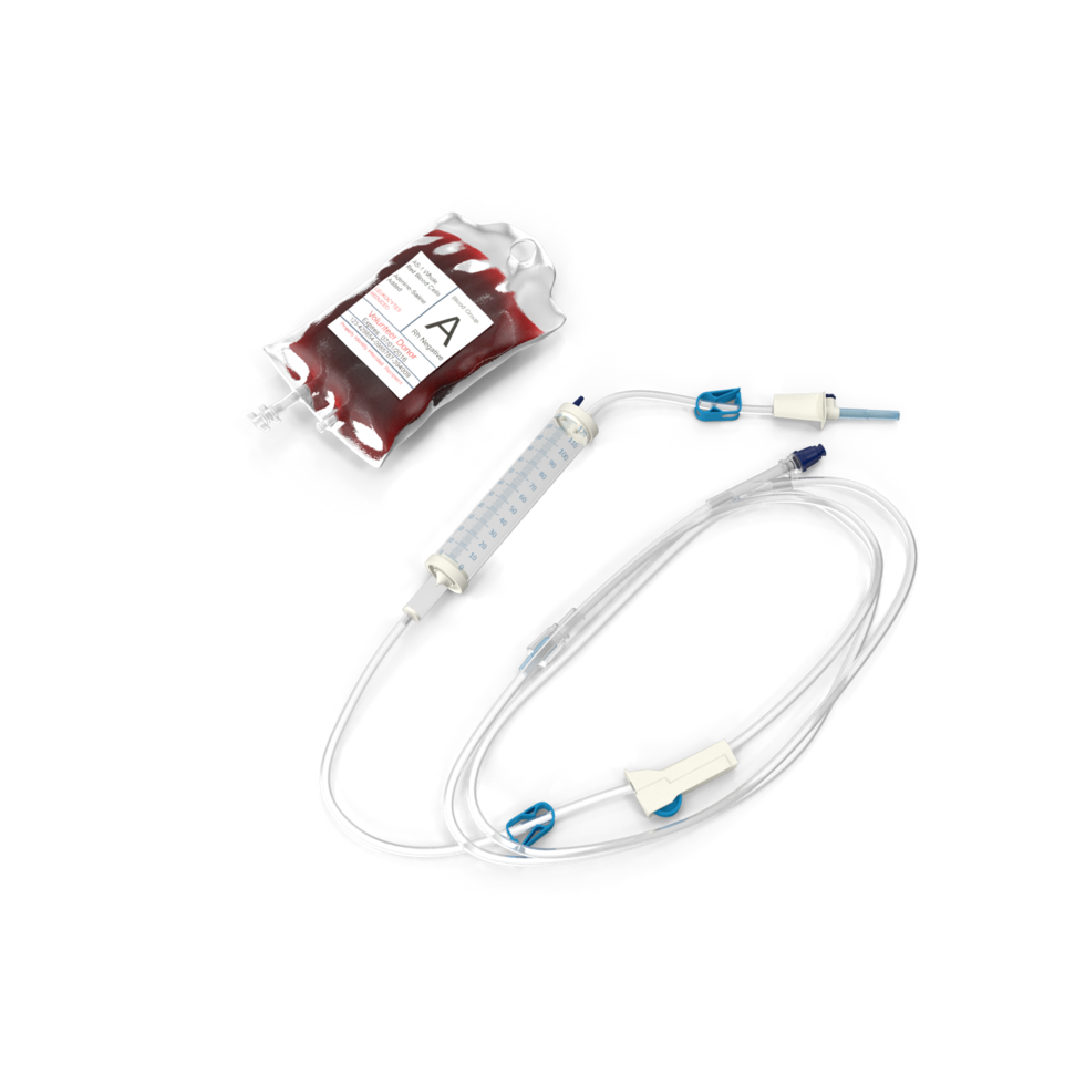 Medical Blood Bag, Tubing IV Setup Transfusion Equipment , 3d render, transparent background, png
