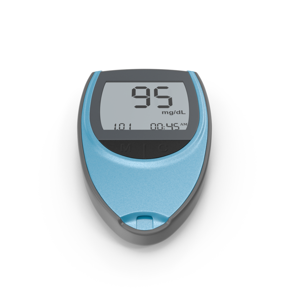 Blood Glucose Meter, Diabetes Testing Device 95mgdL Reading , 3d render, transparent background, png