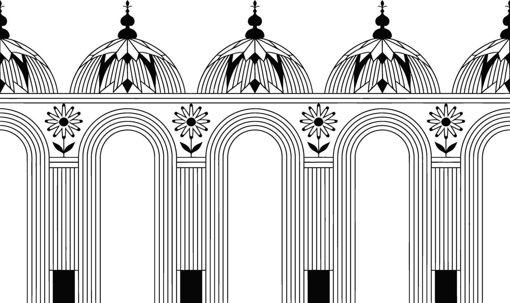 Black and white architectural pattern with domes arches and floral details vector