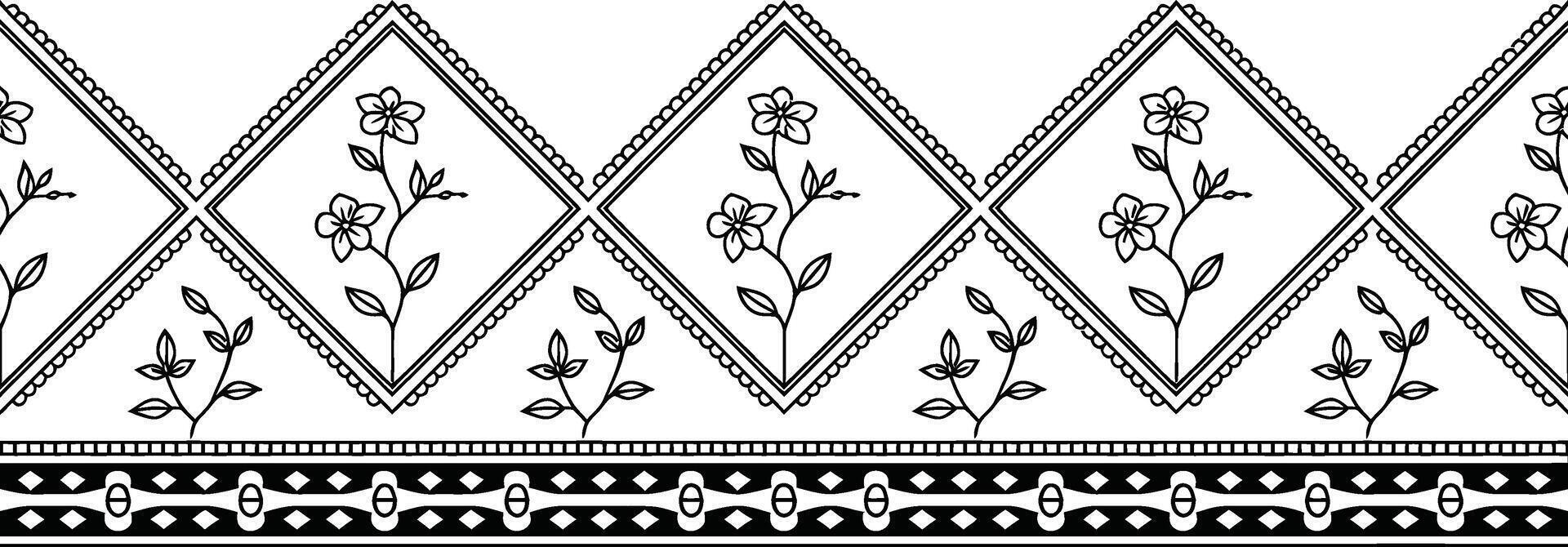 Black and white floral pattern with diamond and geometric borders vector