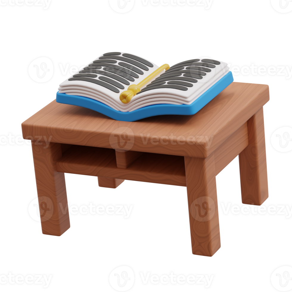 Open book 3d render with list and bookmark on table png