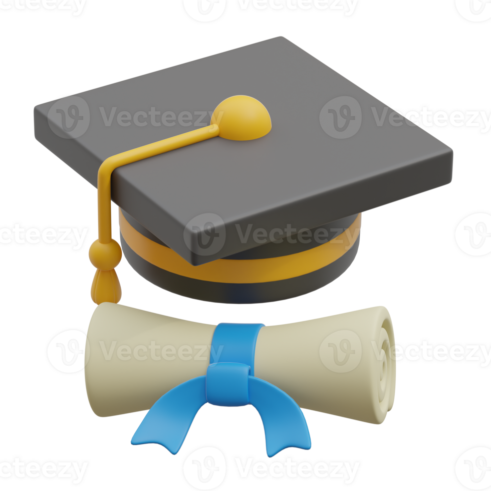 3d render of graduation cap and diploma paper roll with ribbon. Academic graduation achievement 3d icon concept png