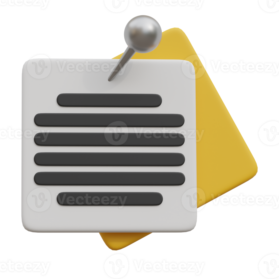 Sticky note sheet memo 3d render with push pin. Note page document png