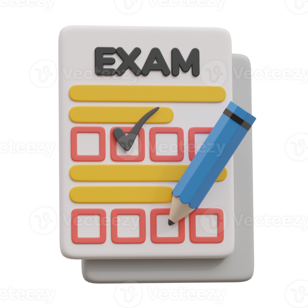 3d exam test with check mark and pencil. Examination final education school png