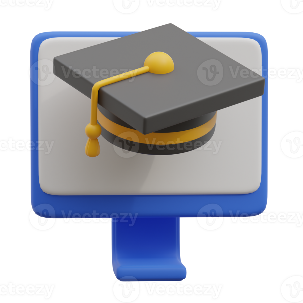 3d render of online learning, e-learning, online training, course. Graduation cap on computer monitor display png