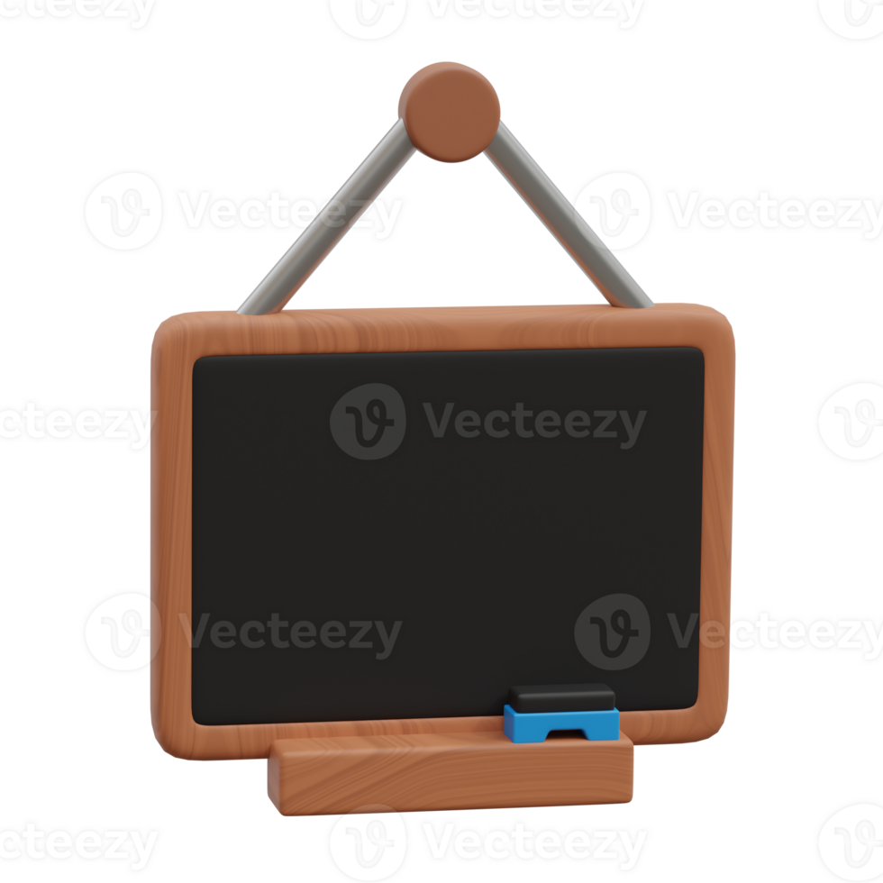 3d render of hanging blank blackboard or chalkboard with eraser for school, teaching, education png