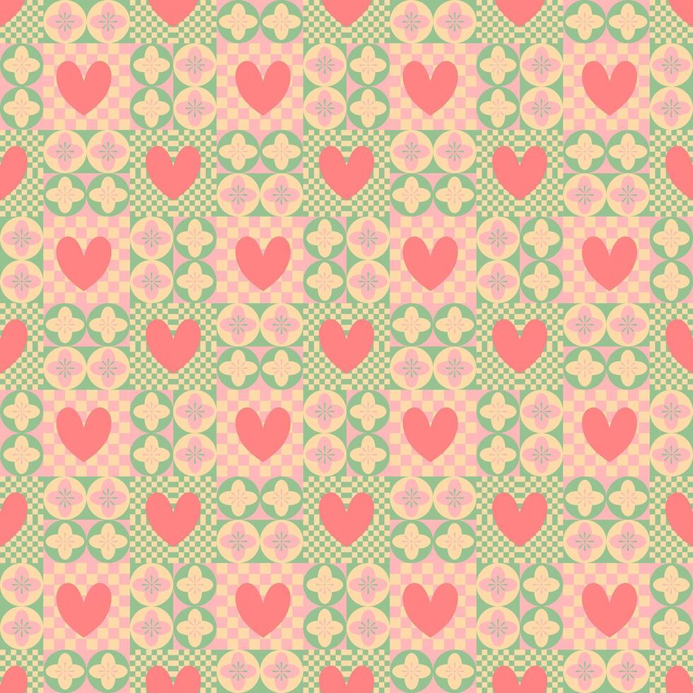 sweet and cheerful pattern featuring pink hearts alternating with a checkered geometric design in pastel shades of green and yellow vector