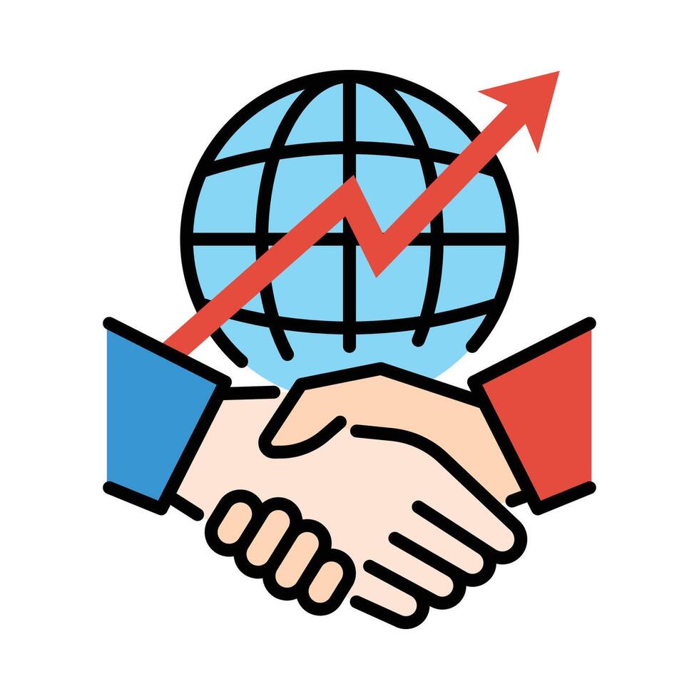 International collaboration conceptual flat icon, featuring handshaking with globe and uptrend arrow vector