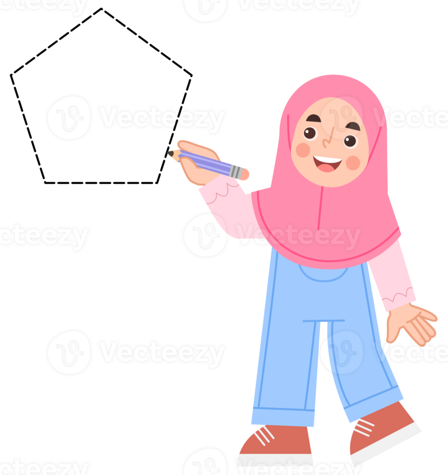 Illustration of a hijab girl learning to trace a pentagon shape. Illustration of geometric shapes png