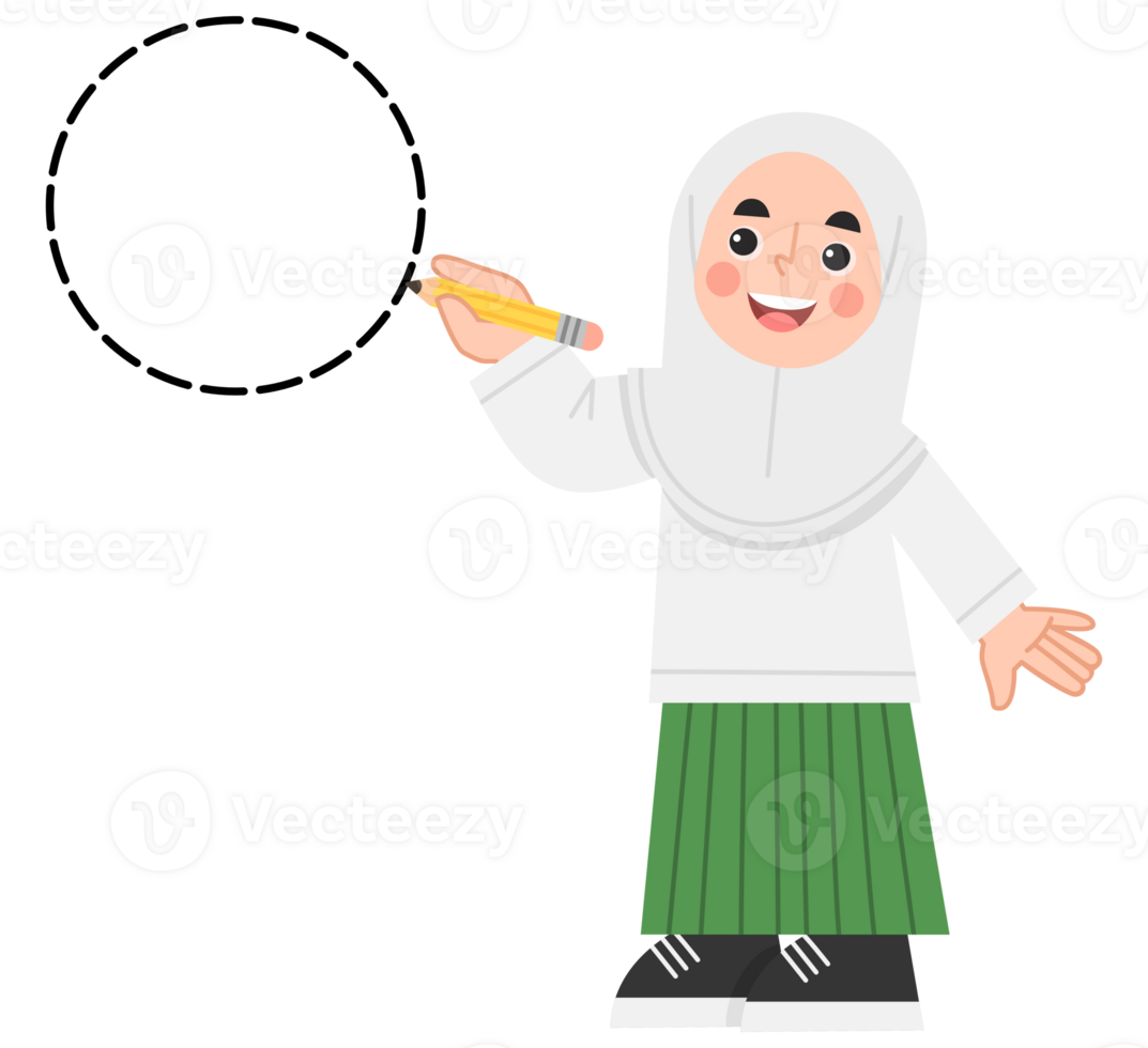 Illustration of happy hijab girl learning geometric shapes. Illustration of Indonesian elementary school students png