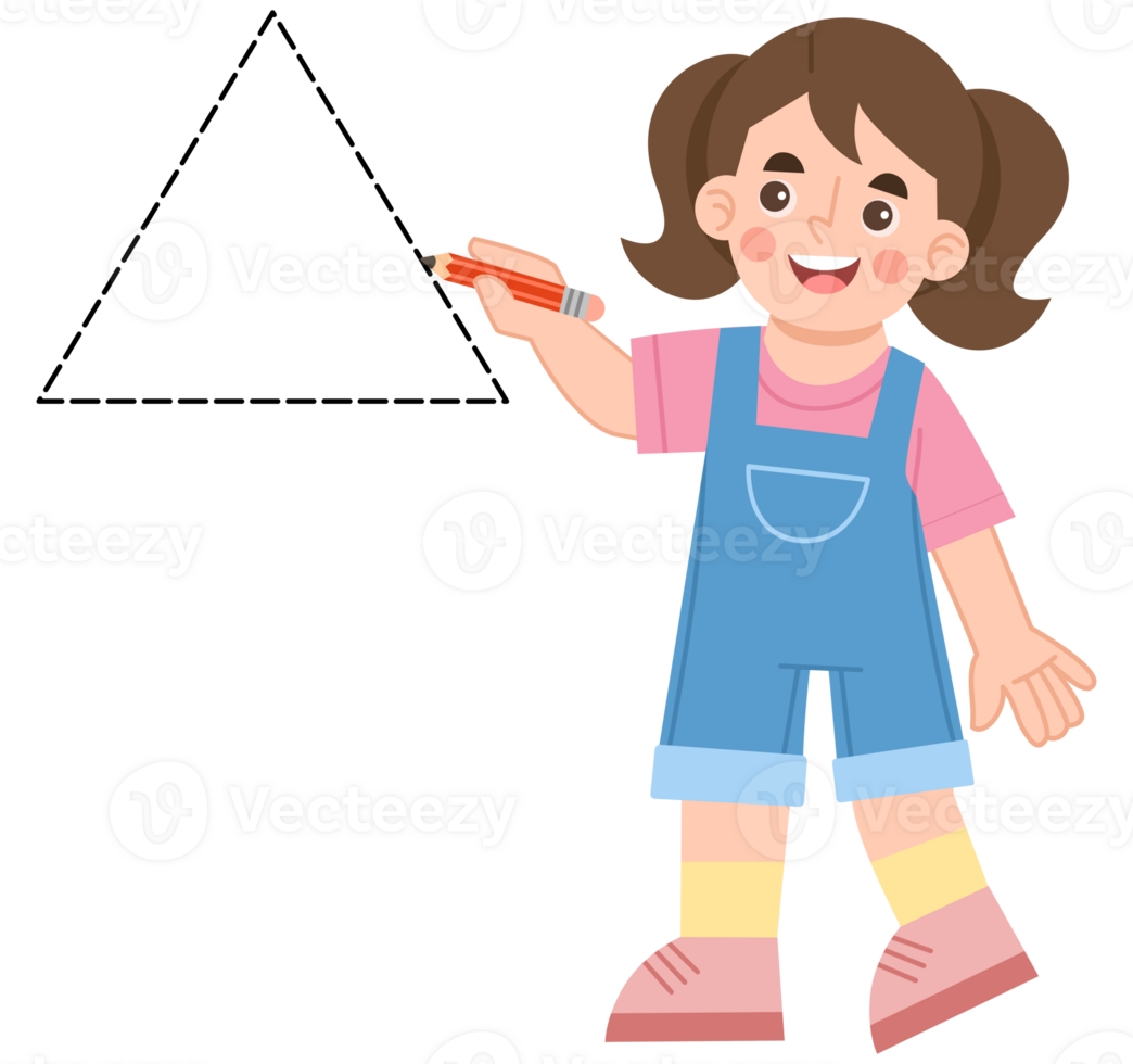 Illustration of a girl learning to trace a triangle shape. Illustration of geometric shapes png