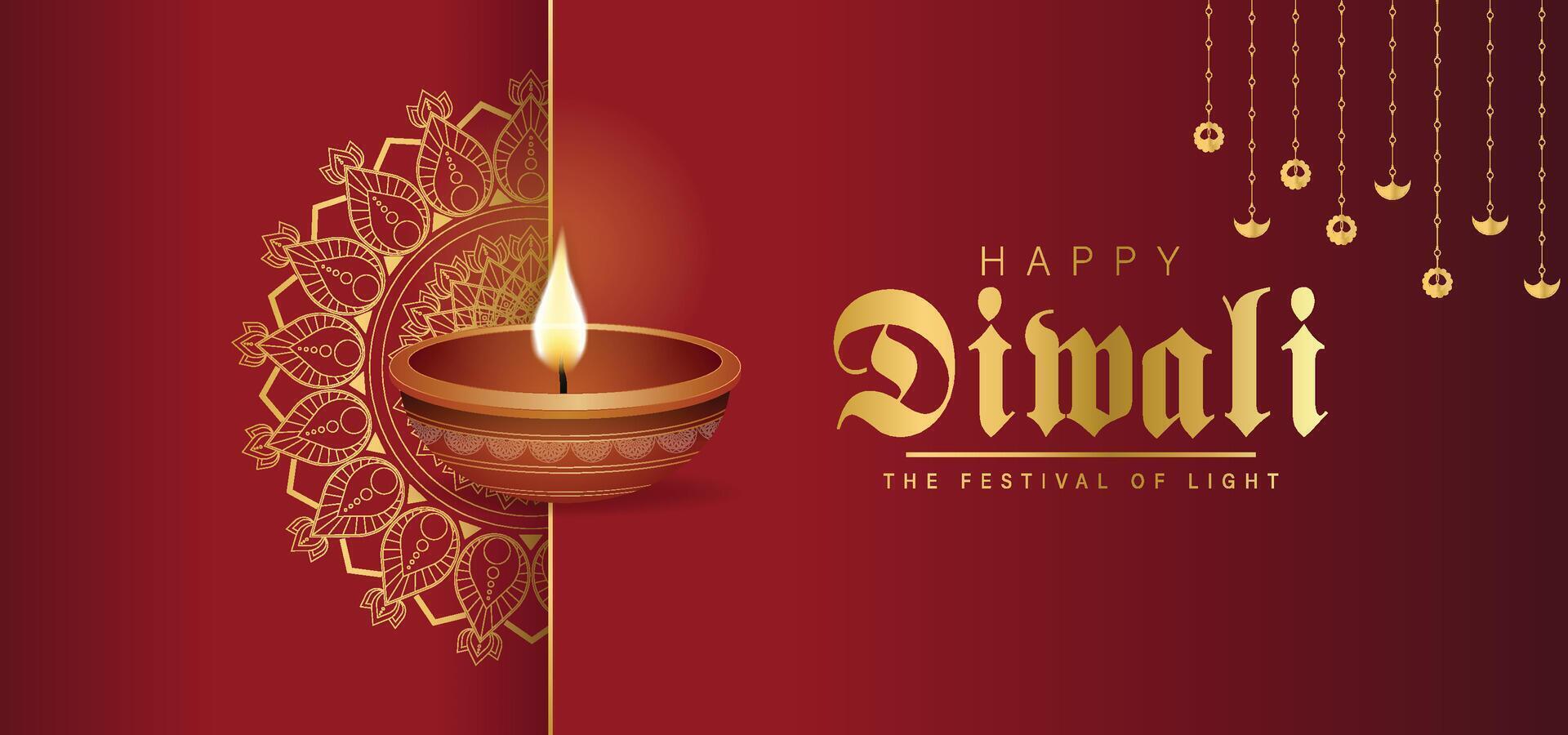 Red and gold Happy Diwali Celebration Background. Diwali Festival Of Lights Banner with Diya Illustration. Happy Diwali Social Media Post Template vector