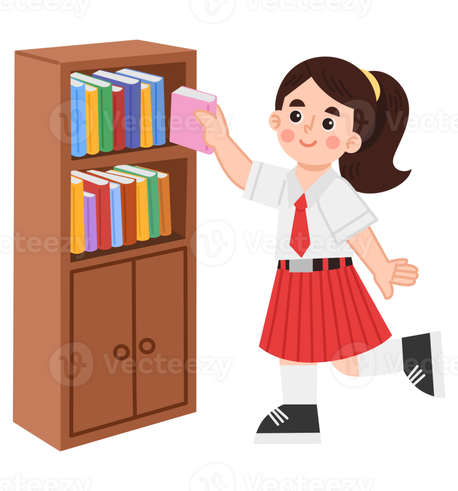 Illustration of an Indonesian elementary school girl taking a book from a bookshelf png
