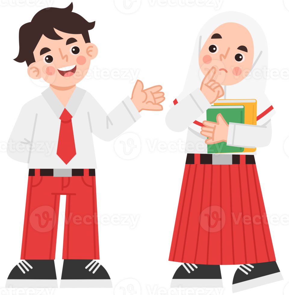 Illustration of Indonesian elementary school girls and boys talking png