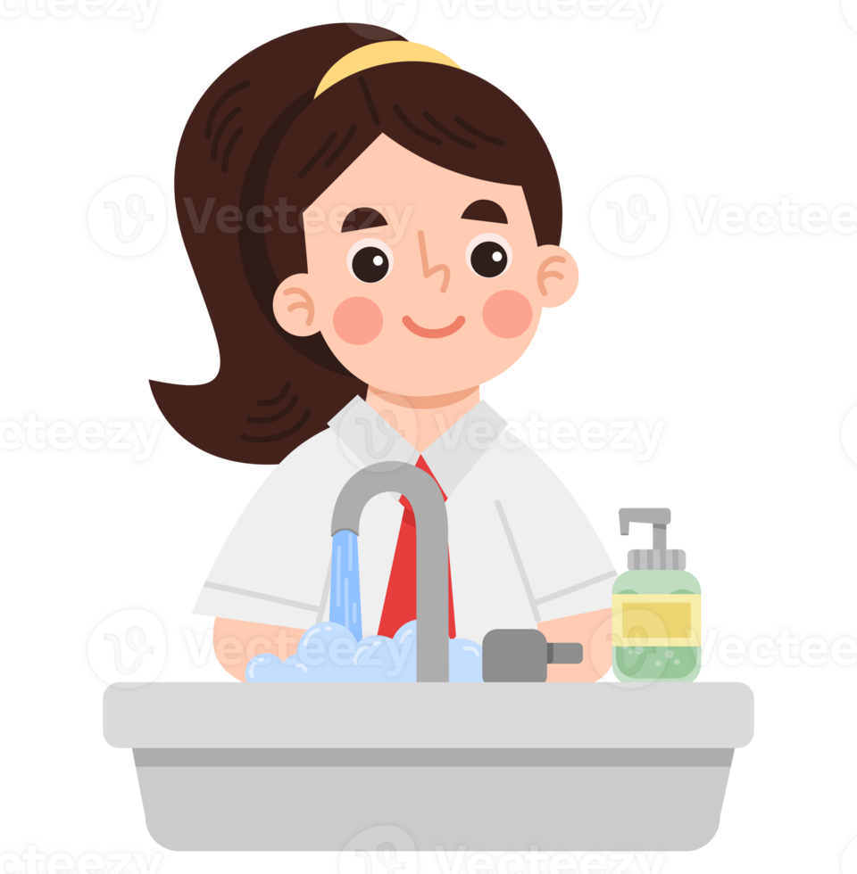 Illustration of female student washing hands at the sink png