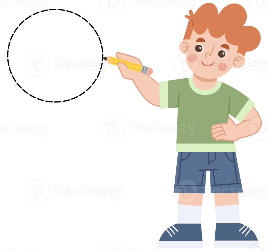 Illustration of a boy learning to trace a circle shape. Illustration of geometric shapes png