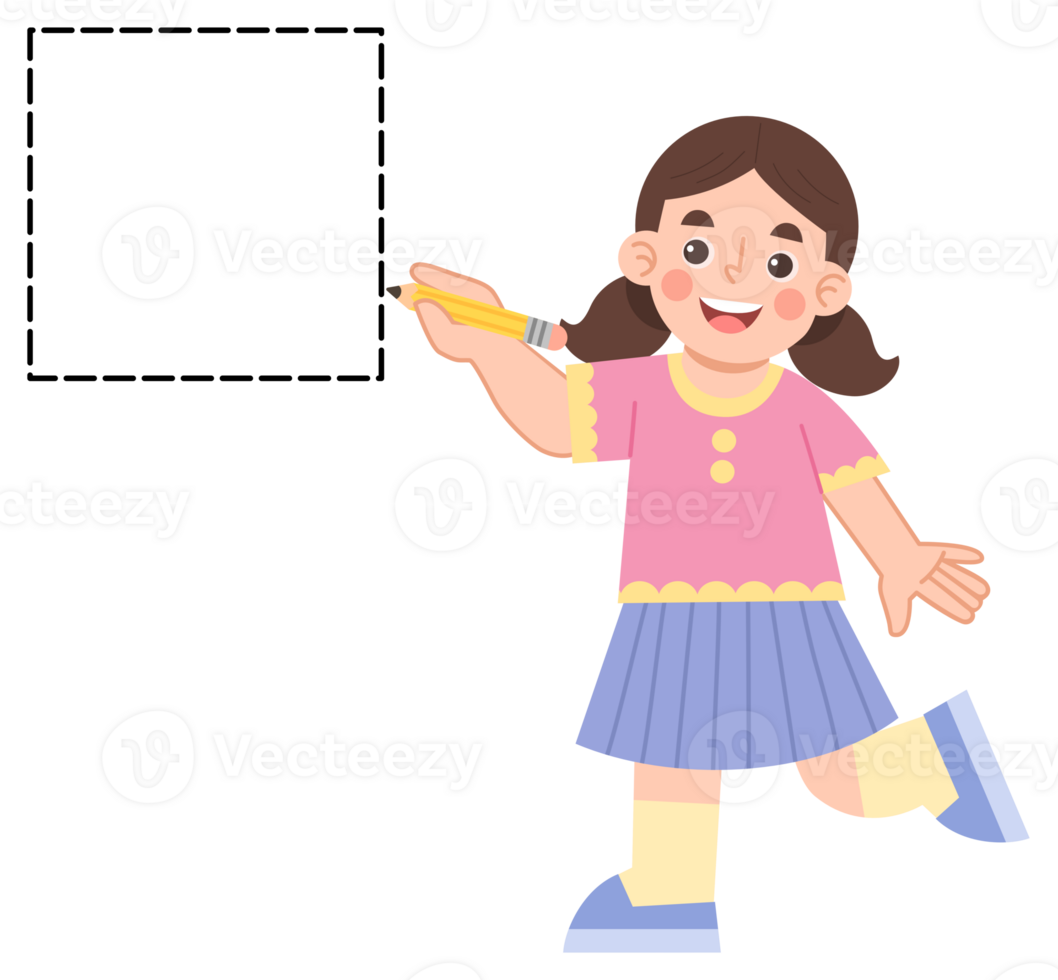 Illustration of a girl learning to trace a square shape. Illustration of geometric shapes png