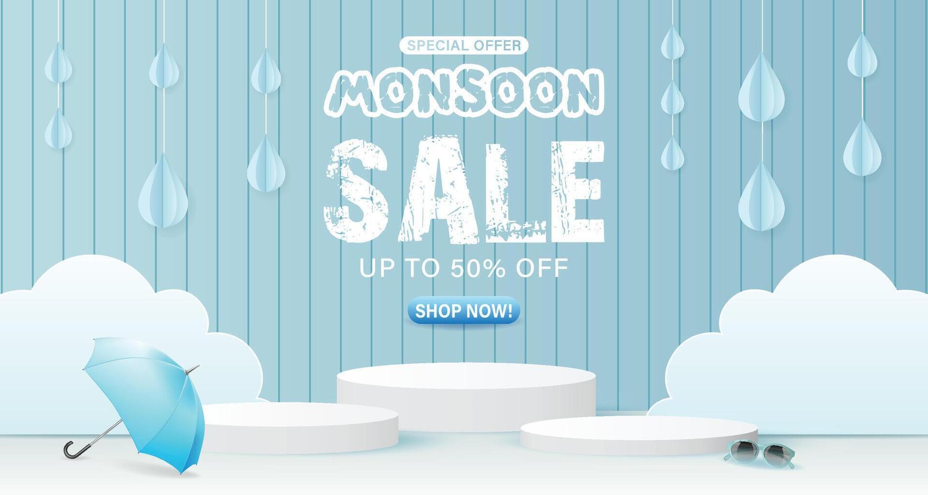 Monsoon sale with umbrellas and clouds vector