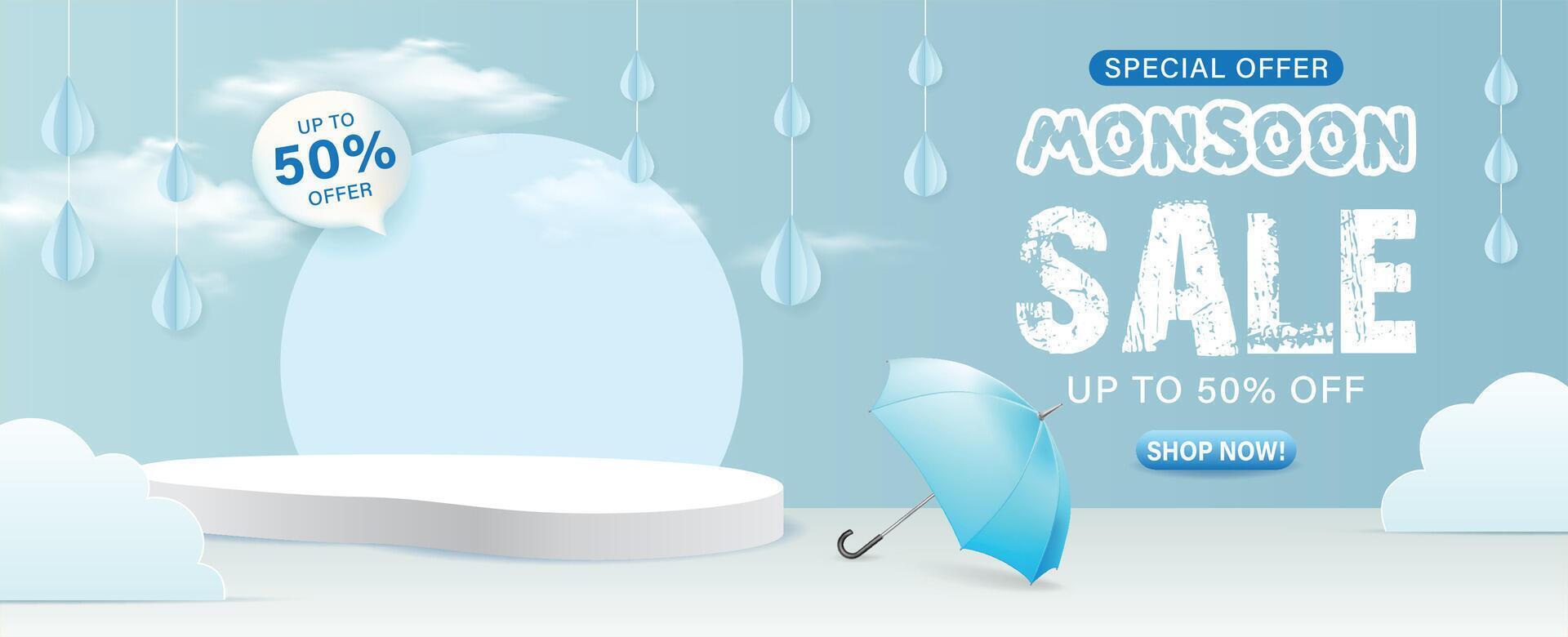 Monsoon sale banner with umbrella and clouds vector