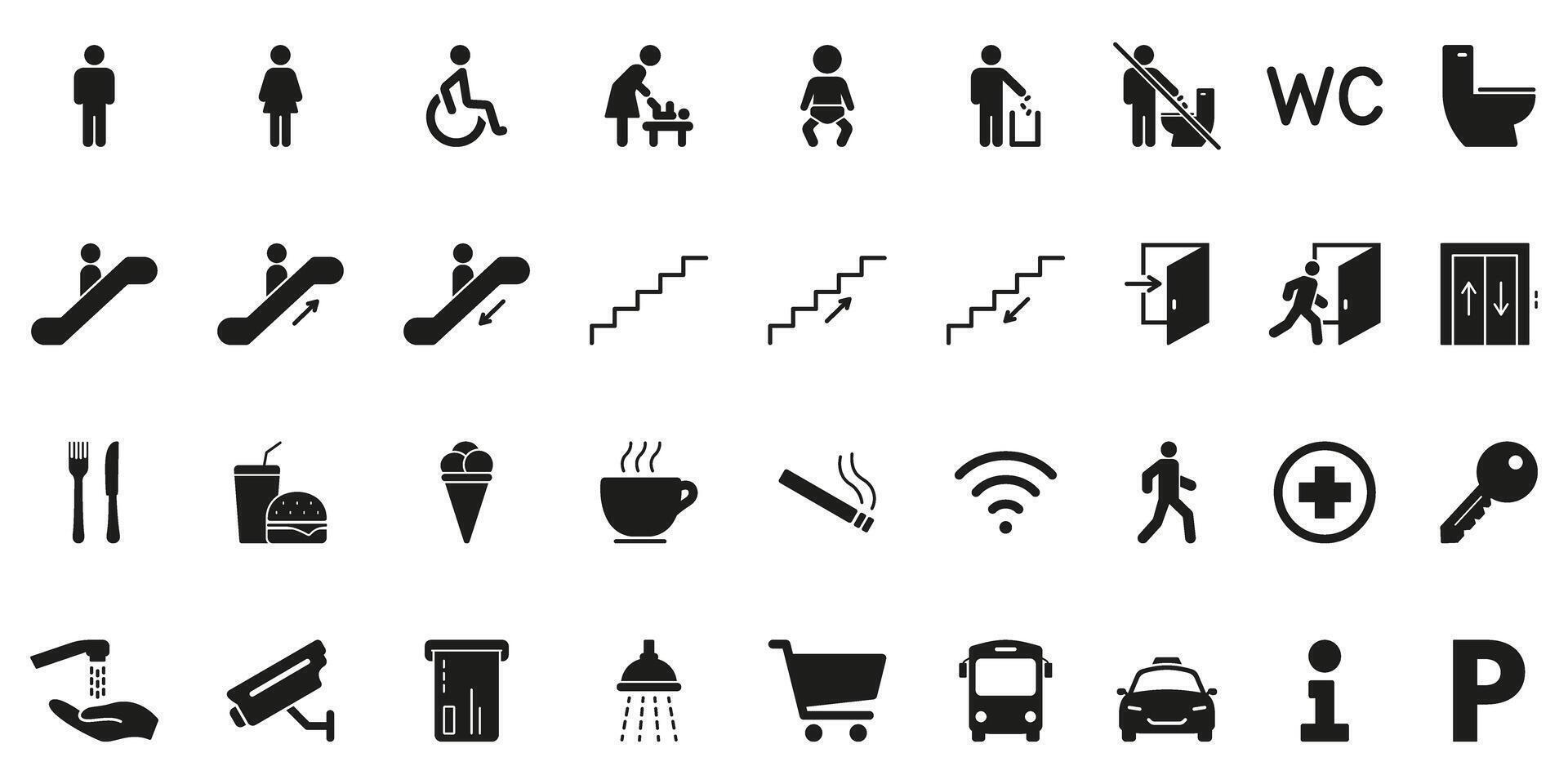 Public Facility And Amenities Solid Icon Set. Comprehensive Collection Of Silhouette Symbols For Navigation, Accessibility and Services In Public Spaces. Isolated Illustration vector