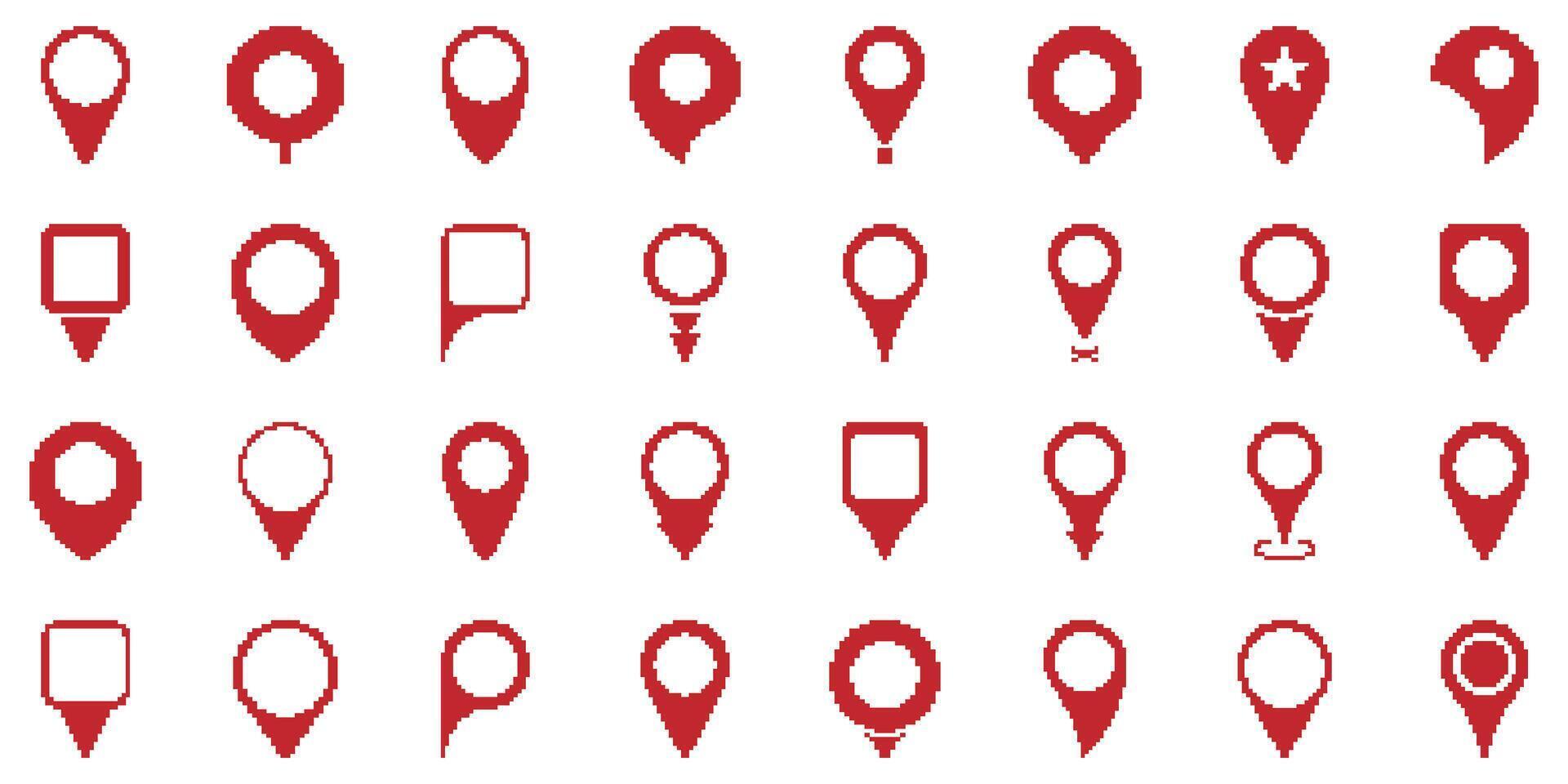 Red Map Pin Pixel Art Icon Set. Location Marker And Navigation Symbol Collection. Geolocation, Gps, And Mapping Design Elements. Isolated Illustration vector