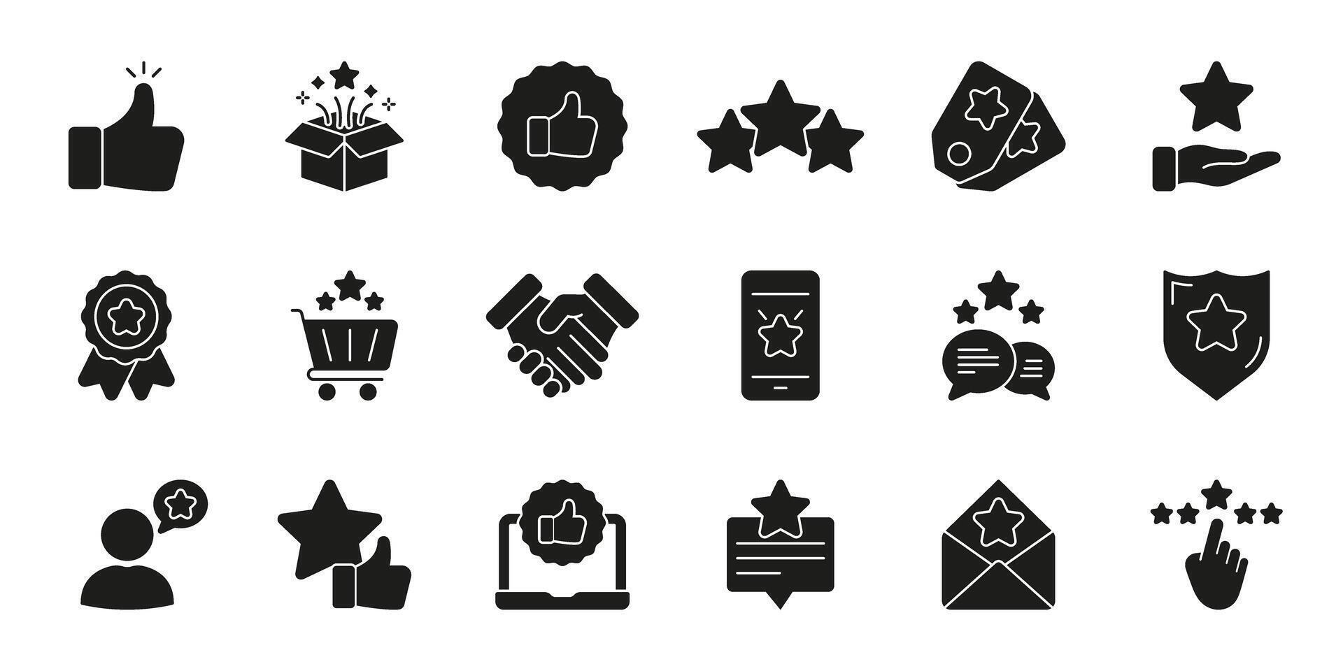 Customer Feedback And Satisfaction Icons Set. Quality Assurance, Rating, And Review Silhouette Symbol Collection. E-Commerce And Service Evaluation. Isolated Illustration vector