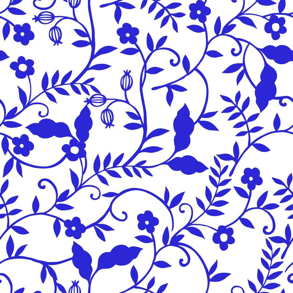 Seamless pattern with oriental ornaments. Blue illustration with flowers and berries vector