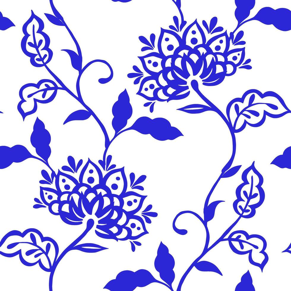 Seamless pattern with oriental ornaments. Blue floral print vector