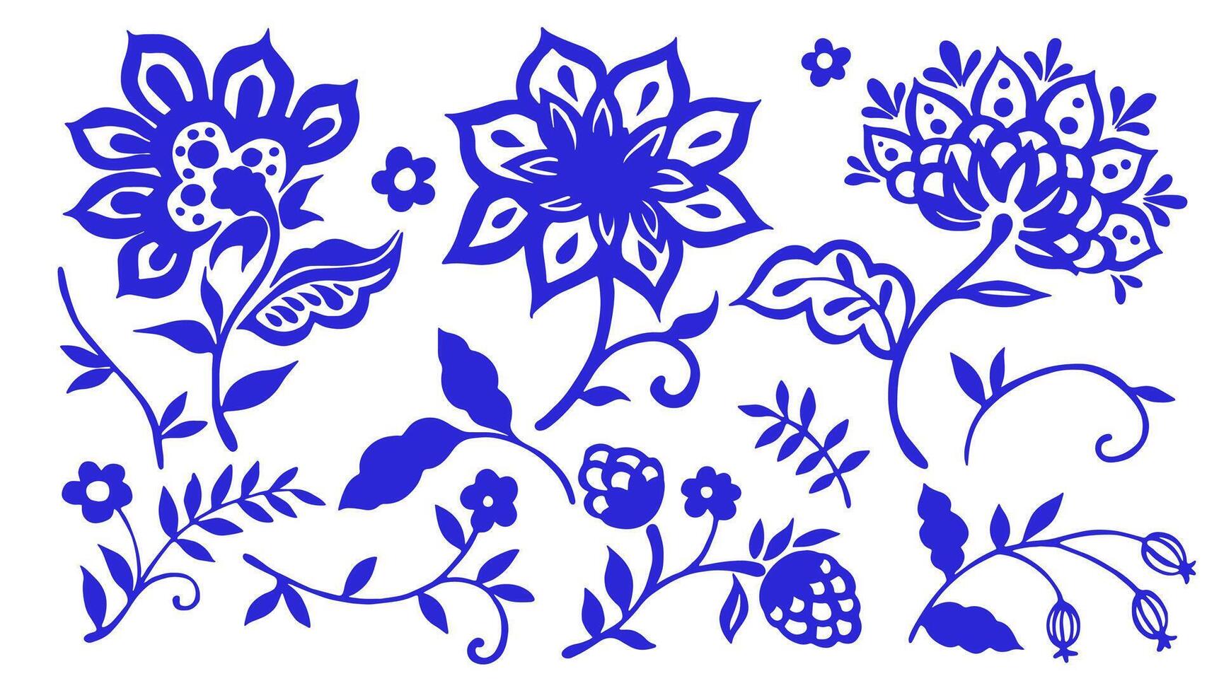 Set with elements of oriental ornament. Blue floral patterns. vector