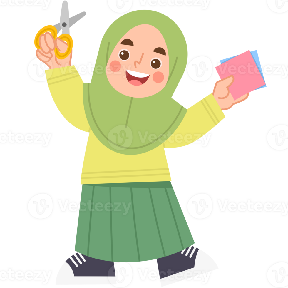 Illustration of a Girl Cutting Paper with Scissors png