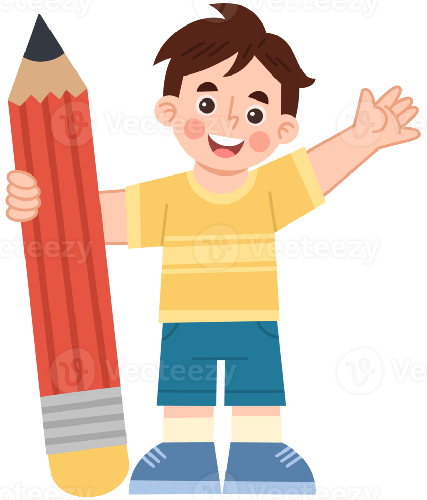 Illustration of a Cheerful Boy Holding a Big Pencil png