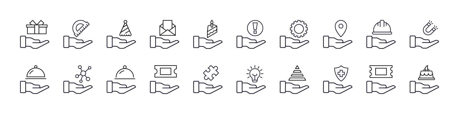 Set of Helmet, Food, Mail etc on Hand Related Line Icons. Outline Signs for Graphic and Web Design, Apps, Adverts, Various Cards vector