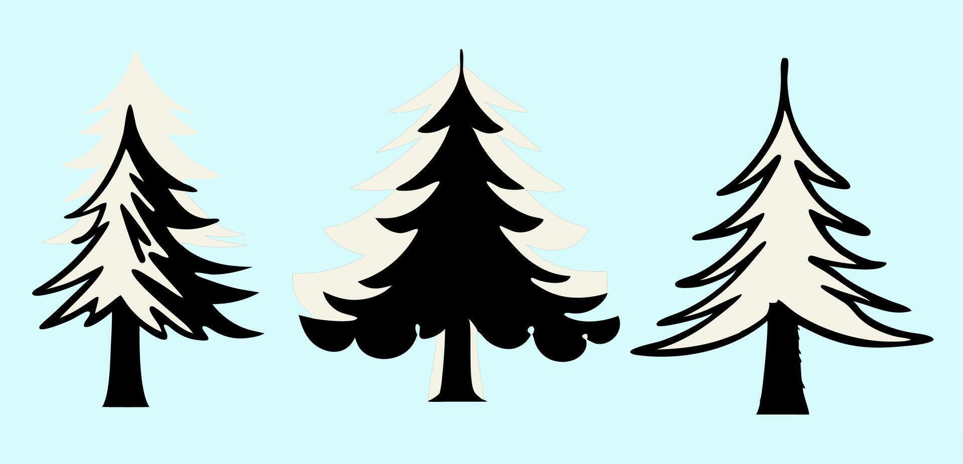 Three Simple Evergreen Tree Silhouettes Black, White, and Cream vector