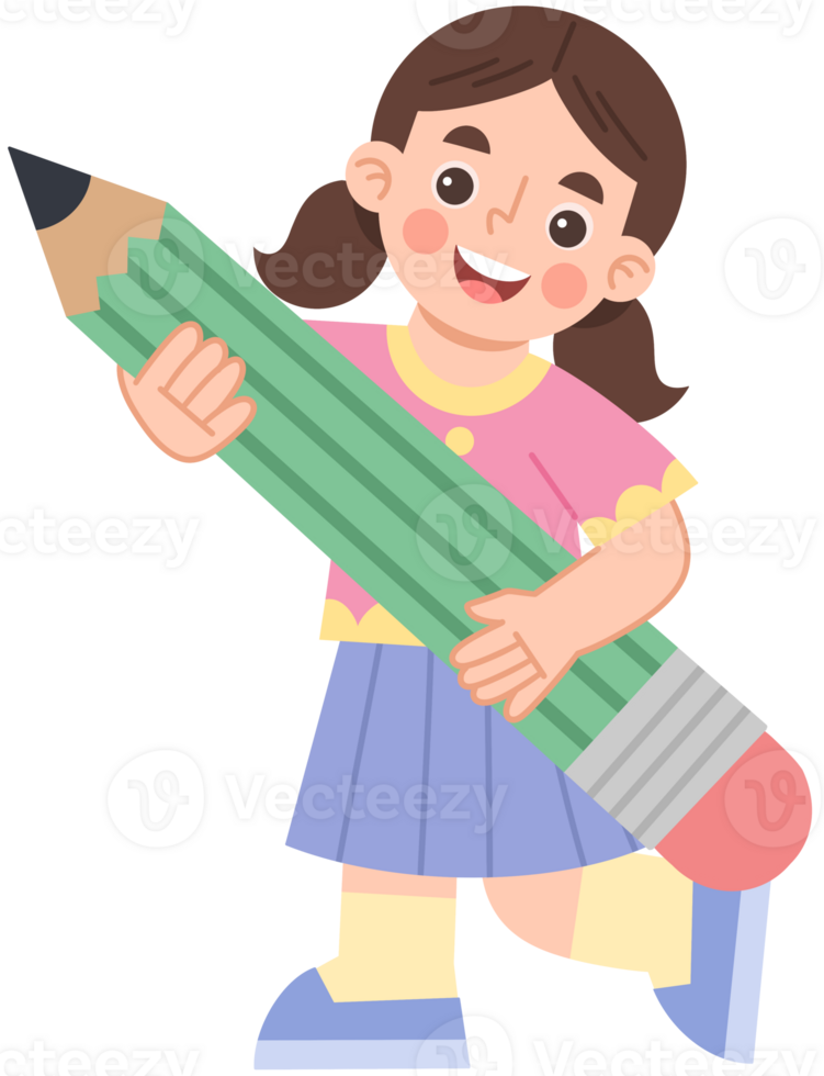 Illustration of a Girl Holding a Big Pencil png