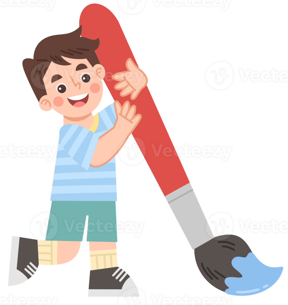 Illustration of a Boy Hugging a Large Paint Brush png
