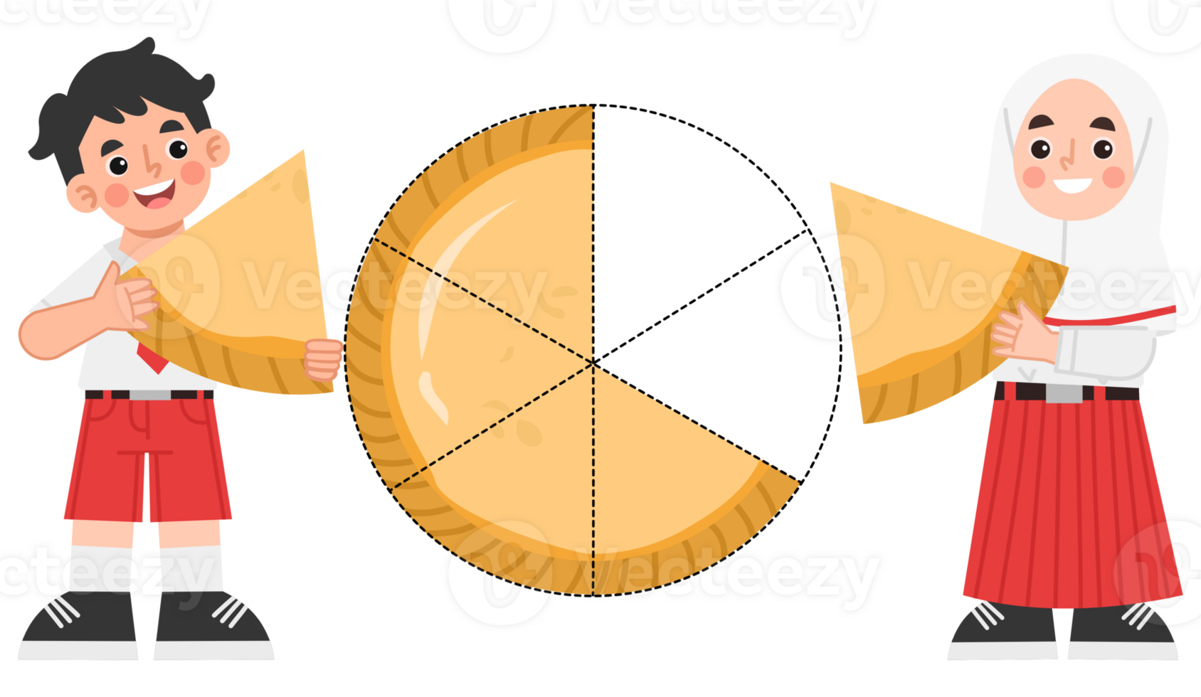 Illustration of boy and girl learning fractions png