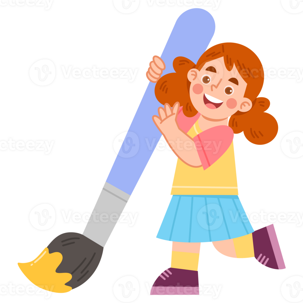 Illustration of a Girl with a Large Paint Brush png