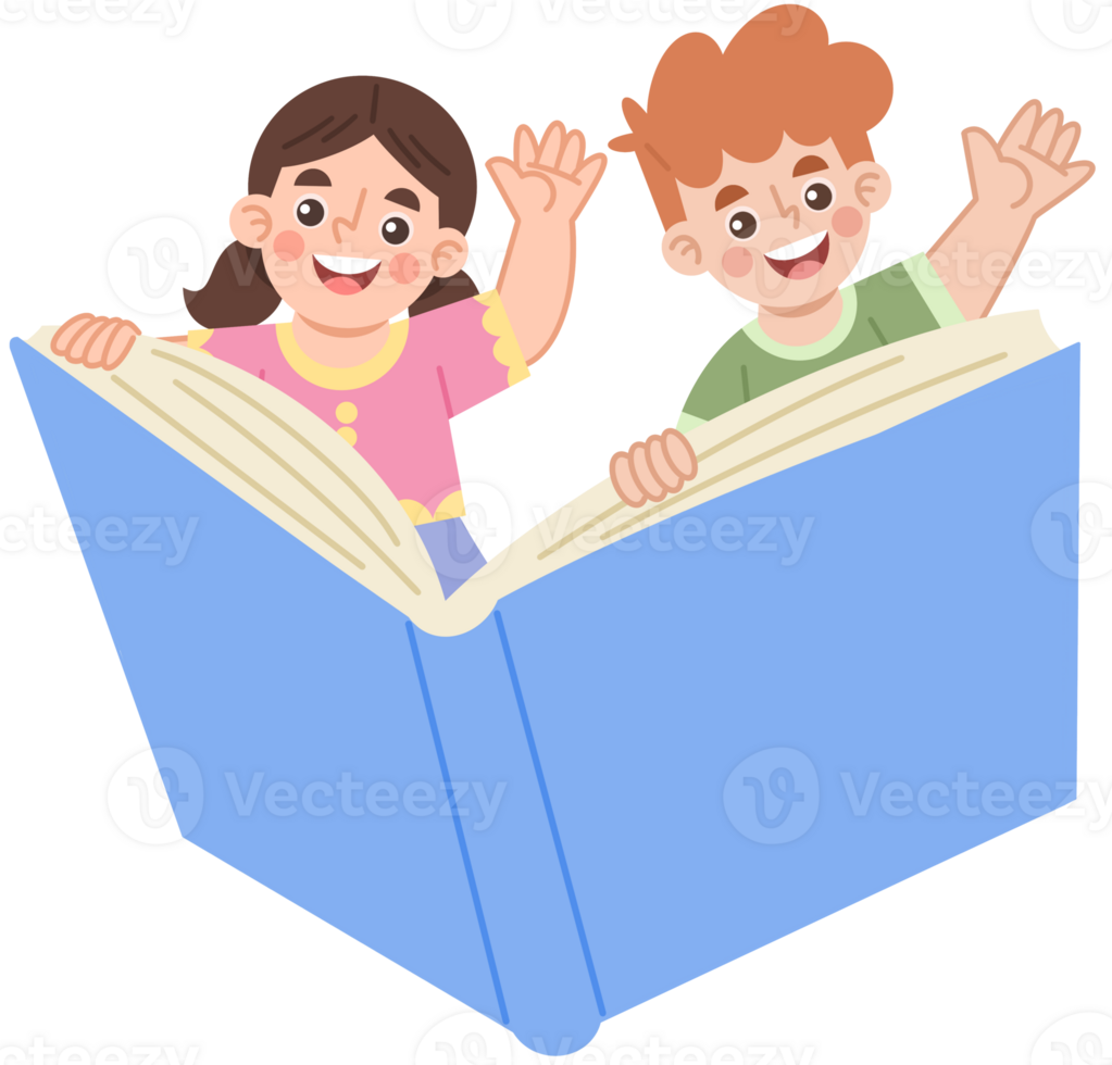 Illustration of Children Waving from Inside a Book png