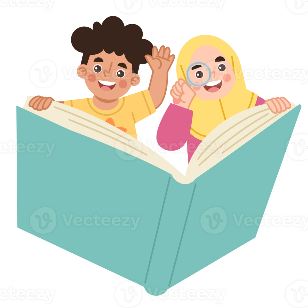 Illustration of a boy and a girl reading a book together png